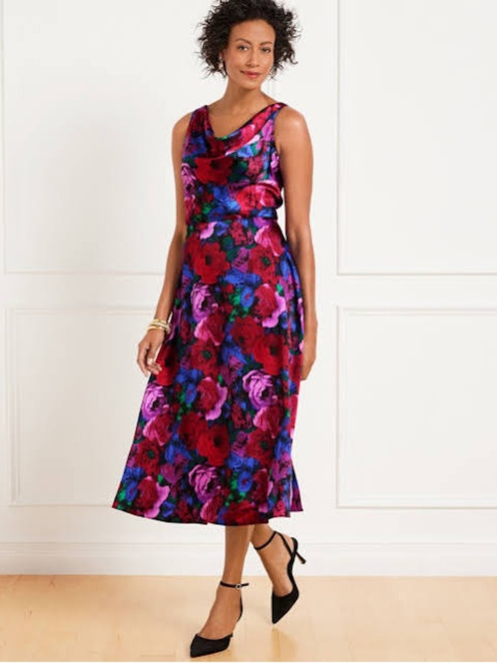 Talbots NWT $119 Sleeveless Floral Cowl Neck Midi Dress in Multi-Color Size 10P